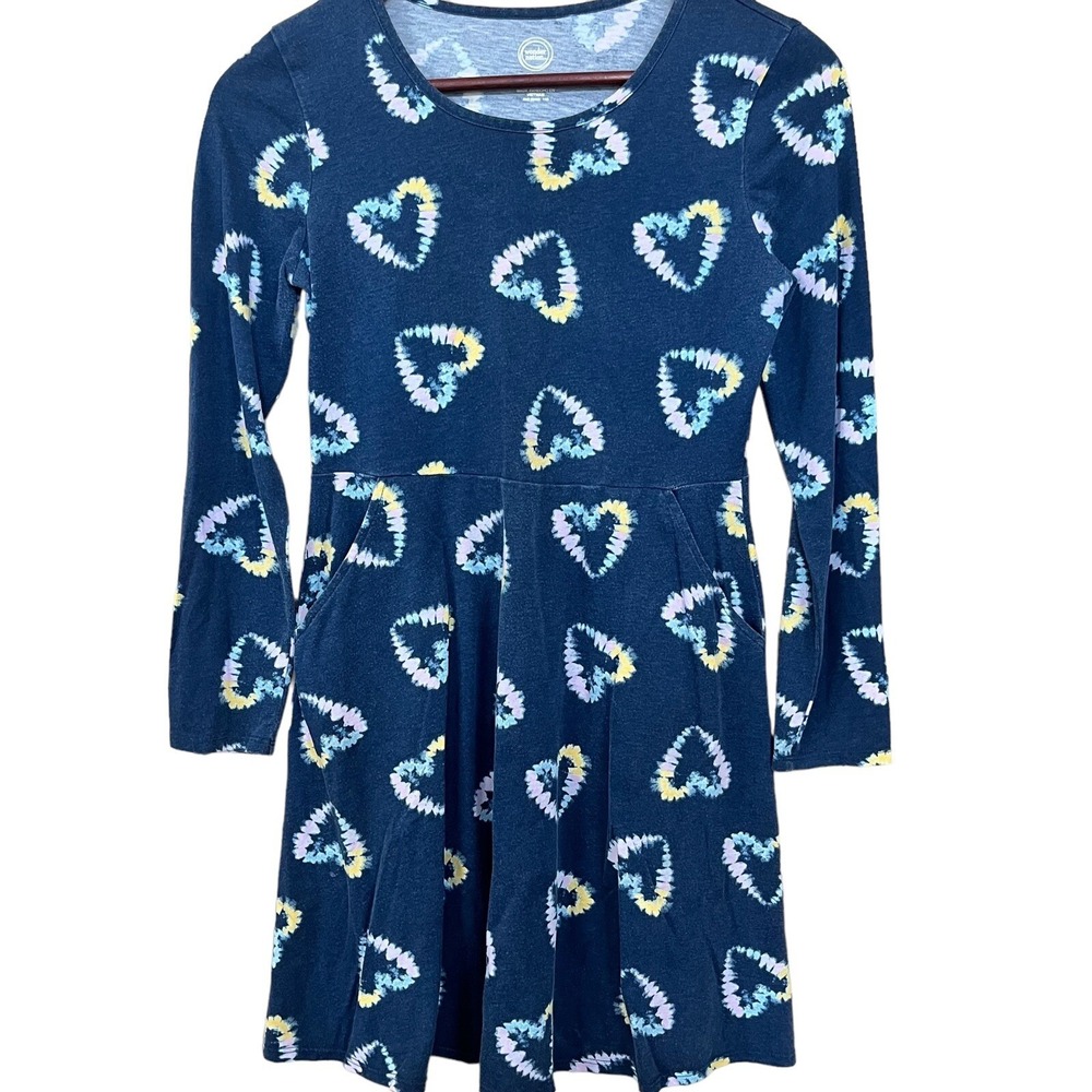 Wonder Nation Dress Girls XL 14-16 Navy Blue Tie Dye Hearts Cottagecore Comfort